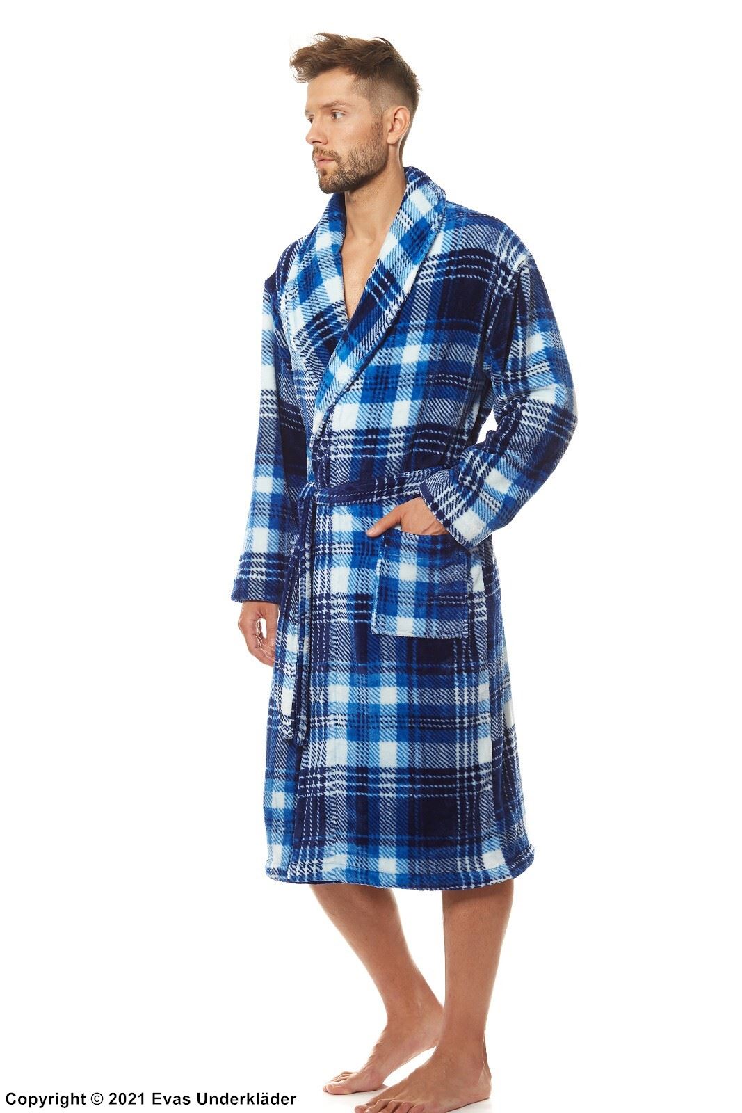 Men's bathrobe, long sleeves, pockets, checkered pattern